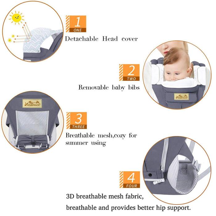 Ергономічна люлька-переноска Viedouce із сидінням на стегнах/чиста бавовна, легка та дихаюча/багатопозиційна спинна, черевна, регу