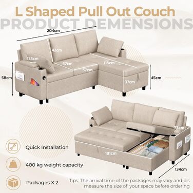 Диван-ліжко 3-в-1, Розкладний шезлонг-диван, Шкіряний диван-ліжко з місцем для зберігання, USB-портами та підставками для чашок, Розкладний диван для вітальні та квартири, Бежевий