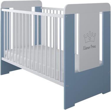 Дитяче ліжечко Kids Collective з матрацом та гравіюванням &quotМаленький принц&quot 60x120, регульована висота Знімні прути, білий колір для хлопчика, зроблено в Європі Від народження до 3 років, 60 x 120 см синій матрац