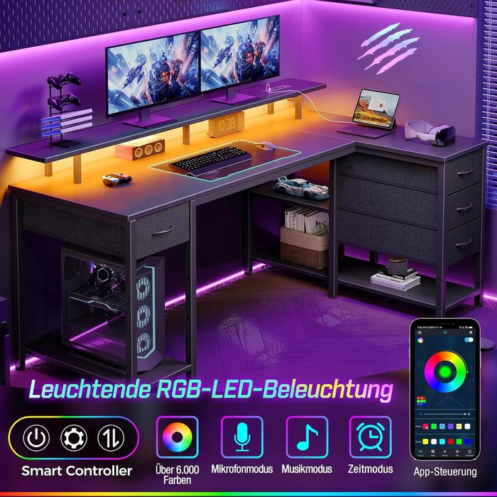 Письмовий стіл Rolanstar з 4 шухлядами та 3 полицями, комп&39ютерний стіл з розетками та світлодіодним освітленням, L-подібний ігровий стіл для спальні, вітальні, домашнього офісу, офісу (чорний, 140 см) Чорний 140 см