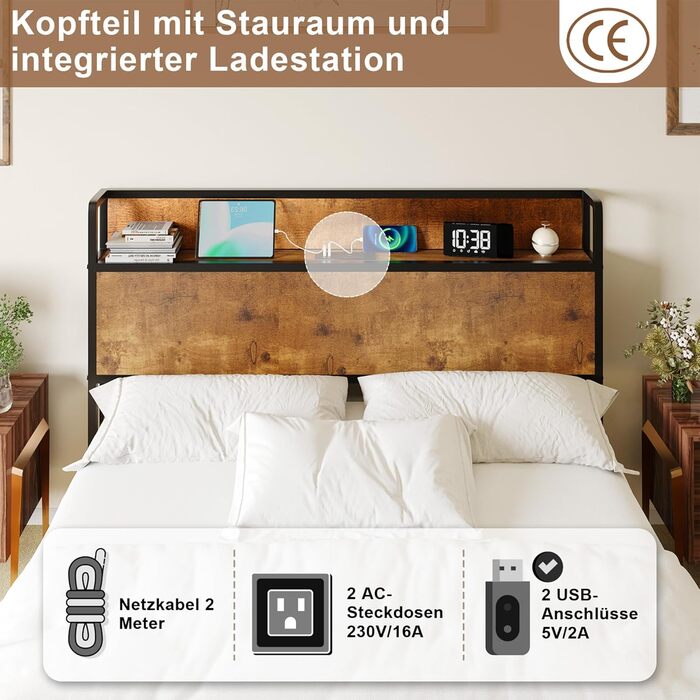Ліжко з механізмом зберігання та підйому, ліжко-платформа з дерев&39яним узголів&39ям, відділеннями для зберігання та зарядною станцією, без матраца (коричневе, 140x200 см) Коричневий 140x200 см