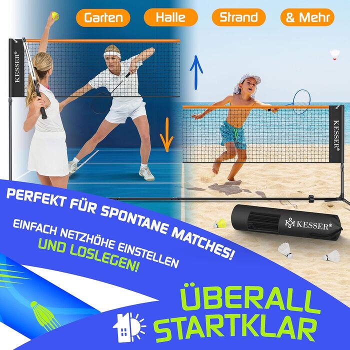 Сітка для бадмінтону KESSER, сітка для тенісу Сітка для волана з регулюванням висоти у 3 напрямках 107/120/155 см, комплект включає сітку, 3 волани та 3 тенісні м&39ячі, сумку для перенесення, міцну залізну раму, для використання в приміщенні та на вулиці