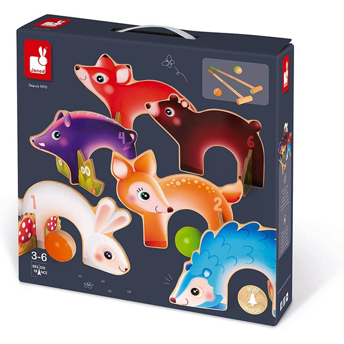 Дерев&39яний набір для крокету Janod J03207 з лісовими тваринами, гра на свіжому повітрі, для дітей від 3 років, різнокольоровий