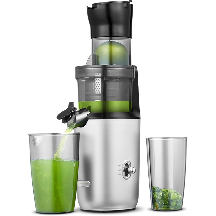 Соковижималка для цілих фруктів AMZCHEF - повільна соковижималка з великим відкриттям 80 мм - переможець тесту соковижималки для овочів і фруктів з покращеним шнеком, двошаровим фільтром, ретро-тумблером, тихим двигуном - сріблястий срібло 17,9T x 16,7 Вт