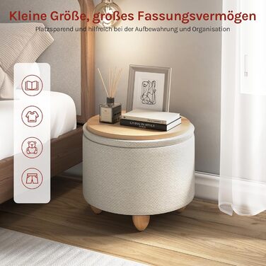 Табурет WOLTU з місцем для зберігання речей, круглий м&39який пуф для ніг, журнальний столик з ніжками з масиву дерева, пуф для ніг з кришкою, лляний чохол, Ø39x33 см, кремово-білий