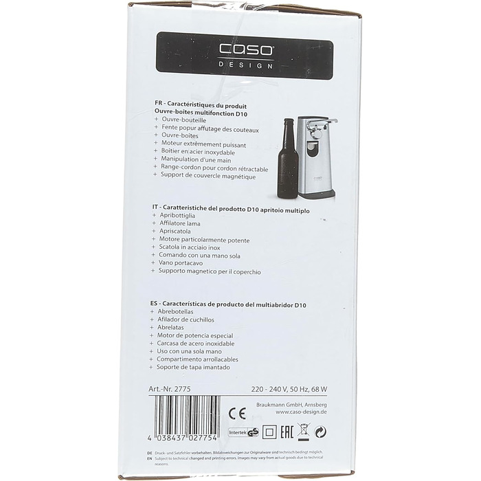 Мультивідкривач CASO D10 з високоякісним корпусом з нержавіючої сталі, універсальне використання в якості відкривачки для пляшок, точилки для ножів, консервного ножа, в т.ч. практичного втягування кабелю, магнітного тримача кришки, потужного двигуна