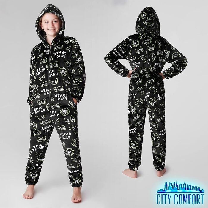 Дитячий флісовий комбінезон CityComfort Onesie, піжама, надзвичайно м&39який, цілісний костюм, піжама-ромпер, 7-14 років, 9-10 років, чорний