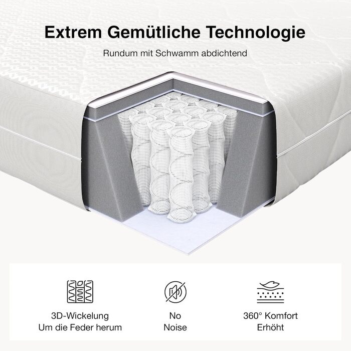 Матрац Novilla 140x200 з пружинним блоком, 7-зонний, дихаючий чохол H2/H3 та комфортна піна, сертифікований ko-Tex та CertiPUR-US пружинний матрац для односпального та двоспального ліжка, висота 20 см, 20 см, 140 x 200 см (пружинний блок)