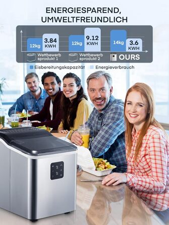 Переможець тесту машини для кубиків льоду 14 кг Льодогенератор Самоочисний льодогенератор, 2 розміри кубиків льоду, час виробництва 6 хв, тиха машина для приготування кубиків льоду до 40 дБ, інфрачервоний датчик, нержавіюча сталь, NORTHCLAN