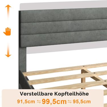 Ліжко Bonnlo з м&39якою оббивкою 140x200 см з регульованим узголів&39ям, ліжко 140x200 з дерев&39яною рейковою основою, оксамит (без матраца) 140x200 см світло-сірий