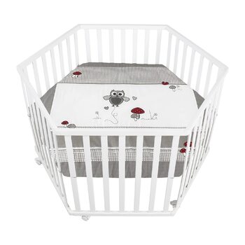 Сторонній манеж roba з вкладишем Adam & Owl - Ворота для повзання, регульована висота у 3 напрямках - Мобільний манеж на колесах - Дерево, білий / Adam & Owl, 6-