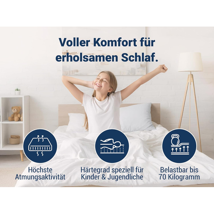 Ліжко ABC - Матрац для дітей та підлітків - 90x200 см - Спеціальний рівень жорсткості та сертифікація Oeko-TEX - Оптимальна гігієна завдяки знімному та пральному поліестеровому чохлу - Доставка посилкою Білий 90 x 200 см