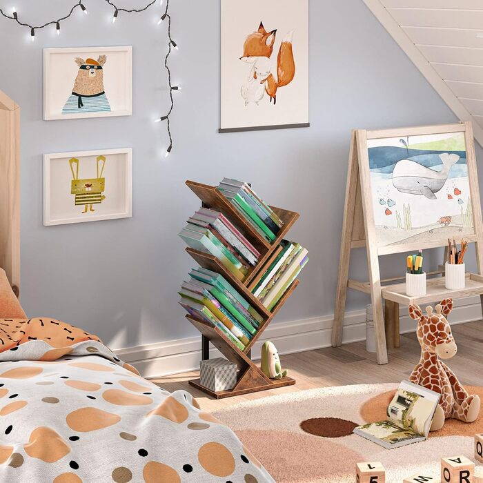 Книжкова полиця HOOBRO, окремостояча полиця з 4 полицями, дерев&39яна полиця для DVD, деревоподібна, металевий каркас, для вітальні, кабінету, дитячої кімнати, вінтажний коричневий EBF04SJ01G1 34 x 20 x 71 см темно-коричневий чорний