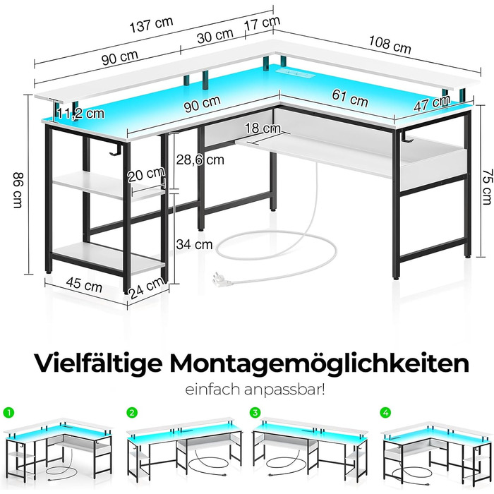 Г-подібний ігровий стіл Rolanstar зі світлодіодним освітленням та розетками, ігровий стіл з підставкою для монітора та місцем для зберігання, кутовий стіл з 2 гачками, великий двосторонній комп&39ютерний стіл для офісу (білий, 137 x 108 см) Білий 137 x 10