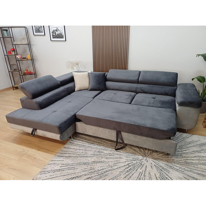 Кутовий диван Aston з функцією сну та відділенням для зберігання речей, вітальня, L-подібний диван з відділенням для зберігання речей, L-подібної форми, диван з функцією сну (темно-сірий/сірий, шезлонг ліворуч) Темно-сірий / сірий, шезлонг ліворуч
