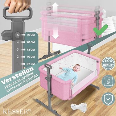 Дитяче ліжечко/дорожнє ліжечко/ліжечко для малюків KESSER Hubi 3-в-1 з м&39яким матрацом, колесами, 5-позиційним регулюванням висоти, складною бічною панеллю для дому та подорожей, рожевого кольору