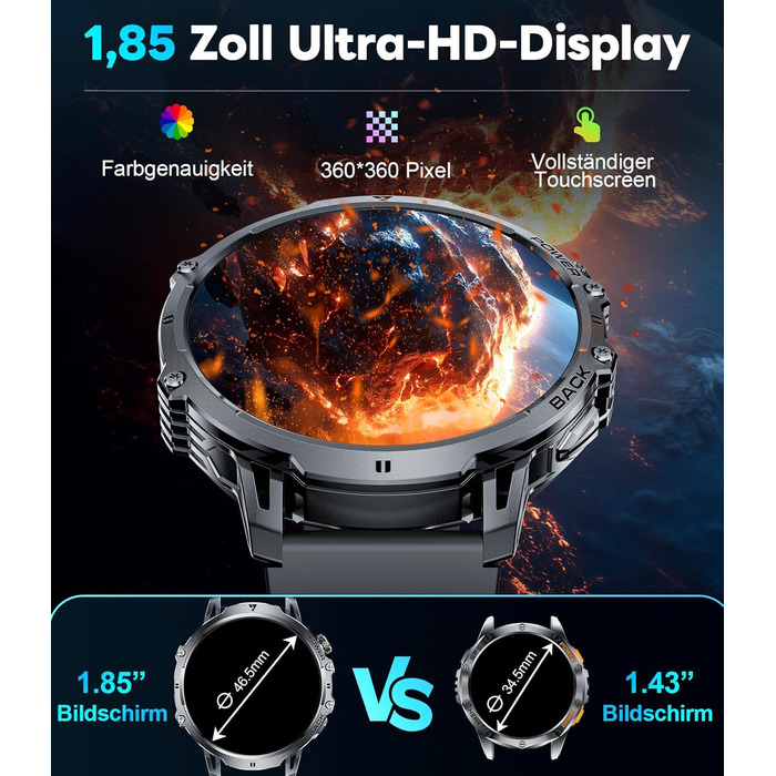 Розумний годинник LIGE Military для чоловіків (3 ремінці) - 1000 мАг/1,85 дюйма HD великий сенсорний екран/світлодіодна підсвітка, фітнес-годинник з понад 110 спортивними режимами, відстеження серцевого ритму/сну, спортивний годинник для iOS/Android, наси