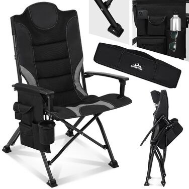 Складаний кемпінговий стілець, висока спинка, зручна оббивка з великим місцем для зберігання речей, підсклянник, 2 підлокітники, вантажопідйомність до 150 кг, компактний та легкий складний стілець із сумкою, чорний кемпінговий стілець
