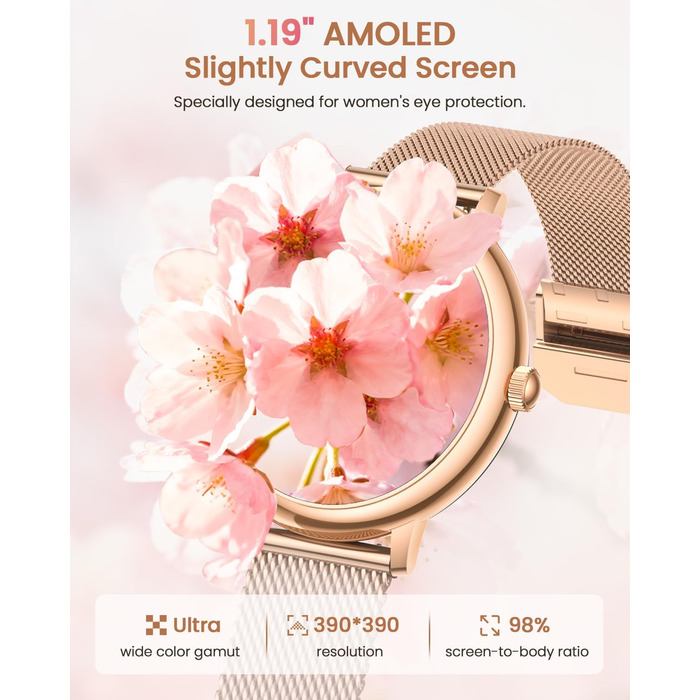 Жіночий смарт-годинник RUXINGX, маленький круглий фітнес-годинник із функцією телефону, сенсорний екран AMOLED 1,19 дюйма, цілодобовий монітор серцевого ритму, відстеження SpO2, моніторинг менструального циклу, відстеження сну, калорії, крокомір, сумісний