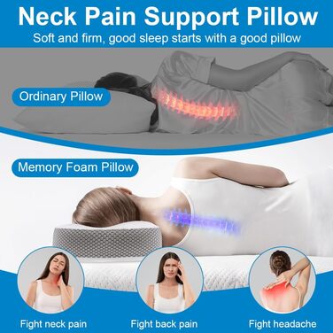 Подушка Ainiv з піни з ефектом пам&39яті, ергономічна подушка, подушка для голови для сну на боці, спині та животі, покращує якість сну, сірий колір