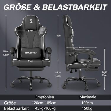 Ергономічне ігрове крісло, офісне крісло з підставкою для ніг, регульоване по висоті та нахилу, надзвичайно широке сидіння (51 см), ергономічна поперекова опора, вантажопідйомність до 150 кг, білий колір