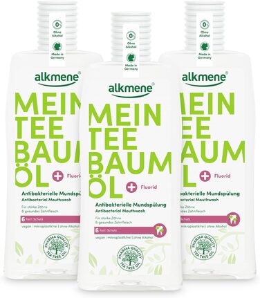 Ополіскувач для порожнини рота Alkmene Tea Tree Oil з 6-кратним захистом від карієсу, цукрових кислот і зубного каменю, 3 x 500 мл