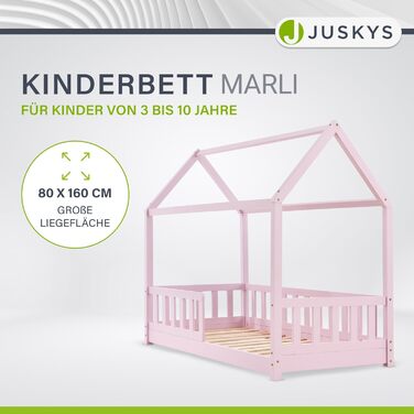 Дитяче ліжко Juskys Marli 80 x 160 см із захистом від падіння, рейковою основою та дахом - Ліжко-будиночок з масиву дерева для дітей - Ліжко кольору троянди