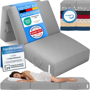 Матрац ELONEO Folding, гостьовий матрац, 3-секційний розкладний матрац, надзвичайно товста піна (15 см), можна прати, ортопедична подушка, складний, складний матрац, для дорослих (сірий, 75 x 195 x 15 см) 75 x 195 x 15 см сірий