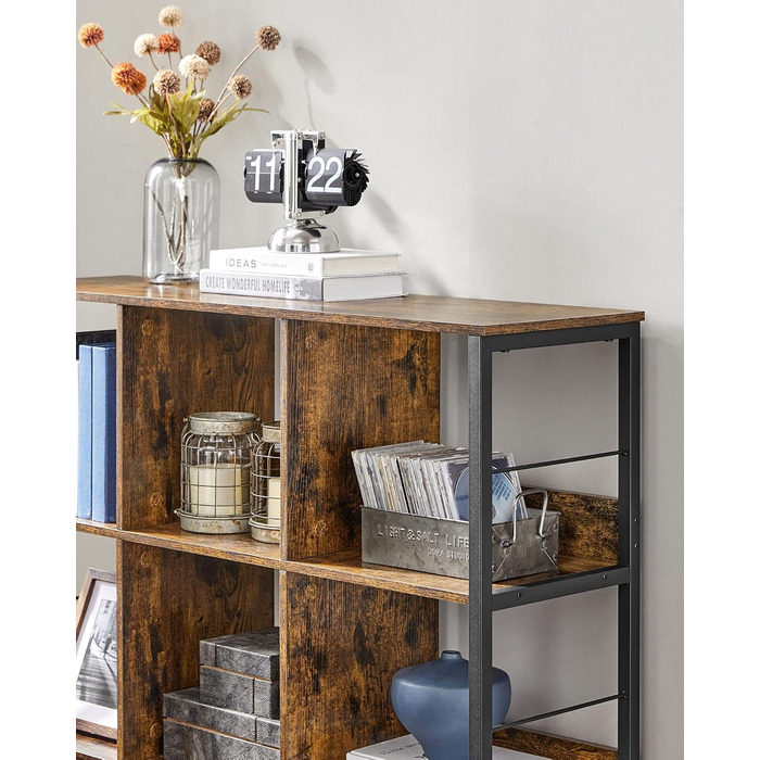 Рівнева полиця, книжкова шафа, окремостояча полиця з 9 відділеннями, для вітальні, спальні, кабінету, кухні, 30 x 100 x 103,1 см, вінтажний коричневий-чорнильний чорний LLS112B01 30Г x 100Ш x 103,1В см Вінтажний коричневий чорнильний чорний, 3-