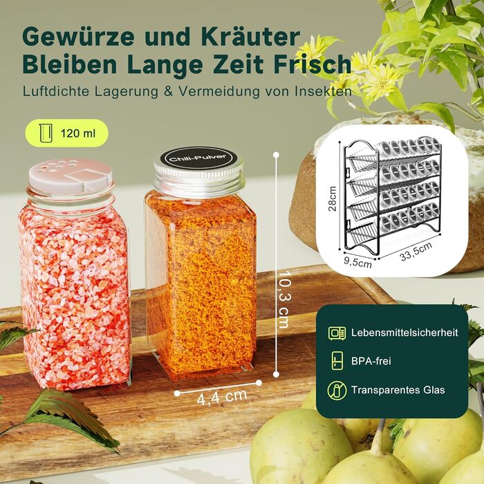 Набір полиць для спецій з 28 баночками для спецій та 120 етикетками - Органайзер для спецій для кухні та шафи - Настінна або окремостояча полиця для спецій - Повна система зберігання спецій (чорний колір)