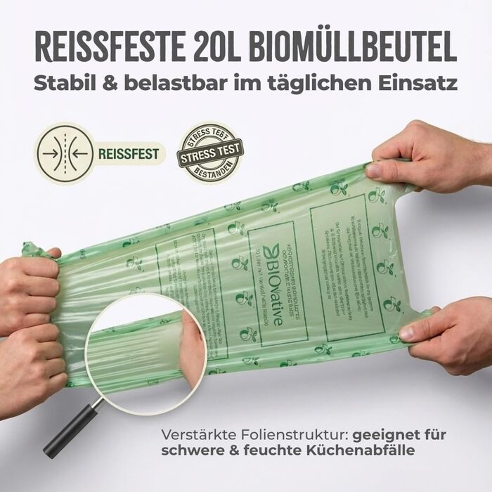 Літрові компостовані пакети для сміття з ручками 56 пакетів, компостовані, зроблені в Німеччині Міцні, кліматично нейтральні та веганські компостовані пакети для сміття, 20 л з ручкою для перенесення - 56 пакетів, 20-