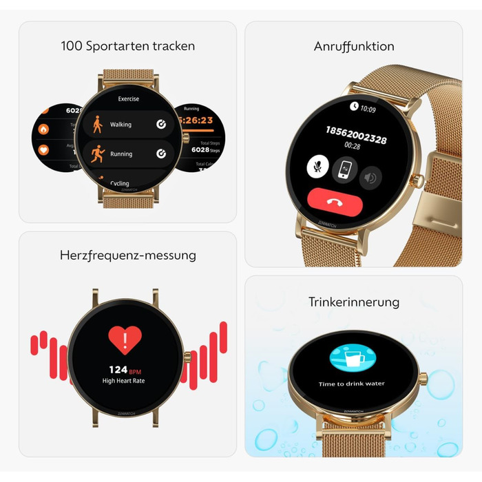 Розумний годинник Zenwatch Venice Pro 2.0 Gold з Bluetooth-телефонією 1,32-дюймовий AMOLED 466x466, 123 спортивні режими, серцевий ритм, артеріальний тиск та SpO2, водонепроникність IP68, акумулятор 200 мАг, сумісний з Android та iOS