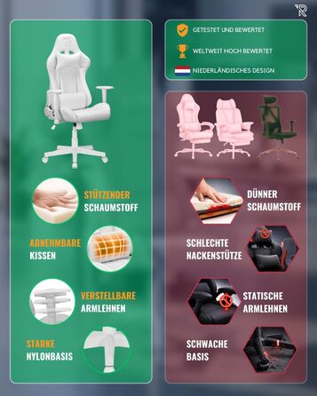 Ергономічне ігрове крісло Felix Original з регульованою спинкою, 2D підлокітниками, подушками для попереку та шиї, високою спинкою, штучною шкірою, міцною сталевою рамою, для високих людей, біло-сірим