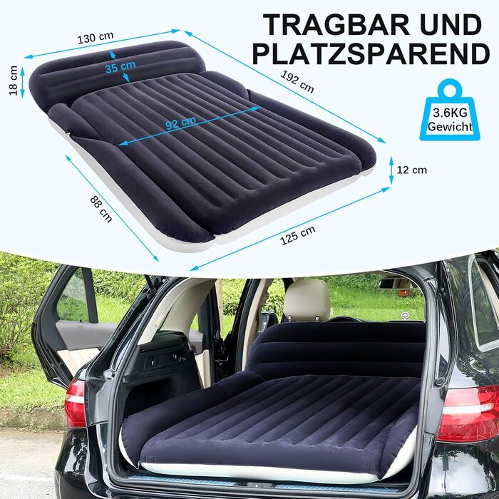 Надувний матрац KMZ SUV з 2 подушками товстіше та флоковане ліжко для автомобіля портативний дорожній матрац для кемпінгу та використання на свіжому повітрі швидке надування та здування за допомогою електричного повітряного насоса