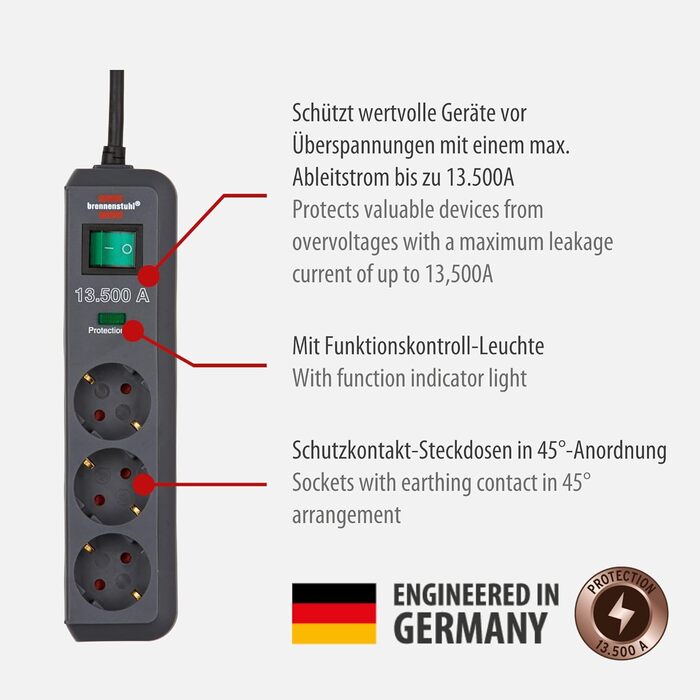 Розеткова стрічка Brennenstuhl Eco-Line 3-стороння із захистом від перенапруги (багаторозеткова розетка з посиленим захистом від д