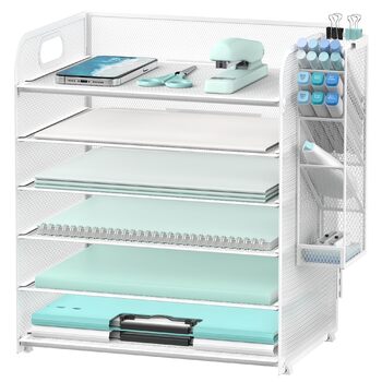 Рівневий лоток для листів з 4 тримачами для ручок, сітчастий органайзер для столу, лоток для листів з ручкою, органайзер для паперу для папок A4, білий, 6-