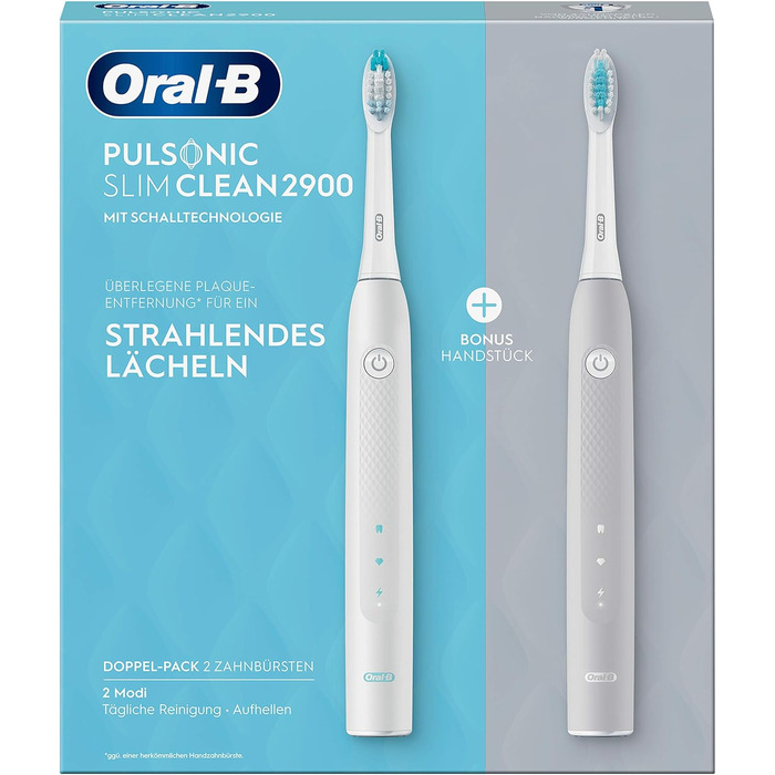 Електрична звукова зубна щітка/електрична зубна щітка Oral-B Pulsonic Slim Clean 2900, подвійна упаковка з 2 щітками, 2 режими чищення, сіра/біла щітка та щітки Pulsonic Clean, 2 шт. и