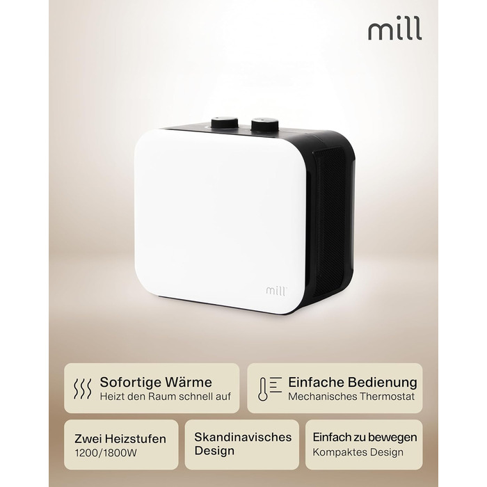 Керамічний вентилятор-обігрівач Mill, маленький та тихий, 1800 Вт, портативний обігрівач для приміщень площею 5-30 м, електричний обігрівач, електричне опалення, електричний обігрівач, пристрої для опалення приміщень, електричний радіатор - білий, 5-30 м