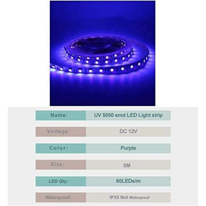 УФ/ультрафіолетова світлодіодна стрічка фіолетова SMD 5050 16.4FT/5M 300 світлодіодів 12V LED лампа для вечірки в приміщенні, розпису тіла, весілля