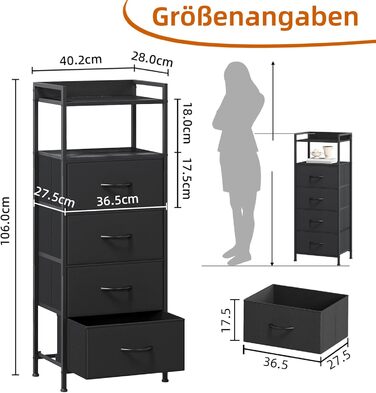 Комод Somdot, високий комод для спальні, вітальні, коридору, шафа для зберігання, тканинний комод з ручками, 4 тканинні шухляди, чорний, 28 Г x 40,2 Ш x 106 В см (4 шухляди)