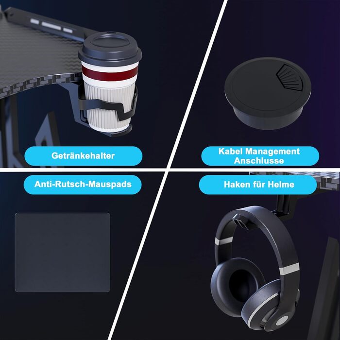 Ігровий стіл HENGMEI 140x60 см у формі крила, ігровий стіл стоячи зі світлодіодним освітленням, комп&39ютерний стіл, ігровий стіл для домашнього офісу, кутовий стіл (M-подібна рама), 140x60x73 см, M-подібна рама