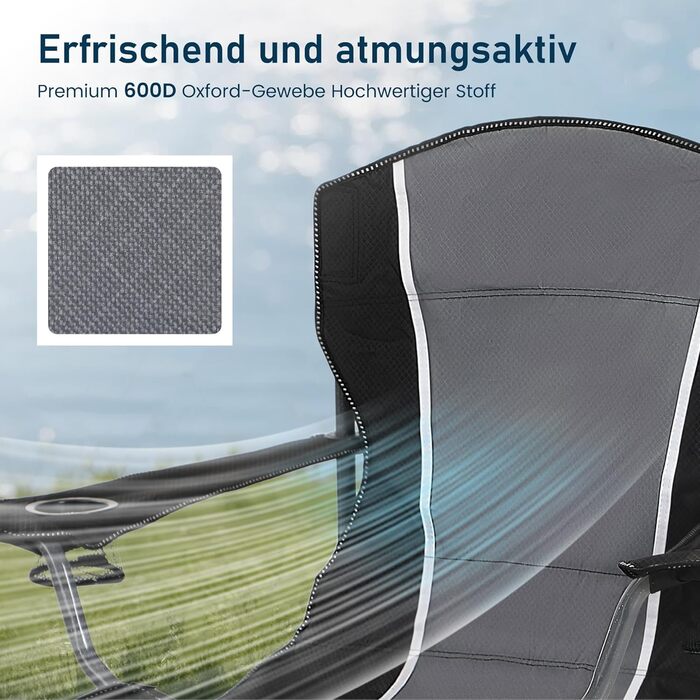 Складане кемпінгове крісло HIGH POINT SPORTS, Рибальське крісло, Розкладне, Вантажопідйомність 160 кг, Розкладне крісло з підлокітниками, Підставка для напоїв, Сталева рама, Портативне кемпінгове крісло, Чорне/Сіре