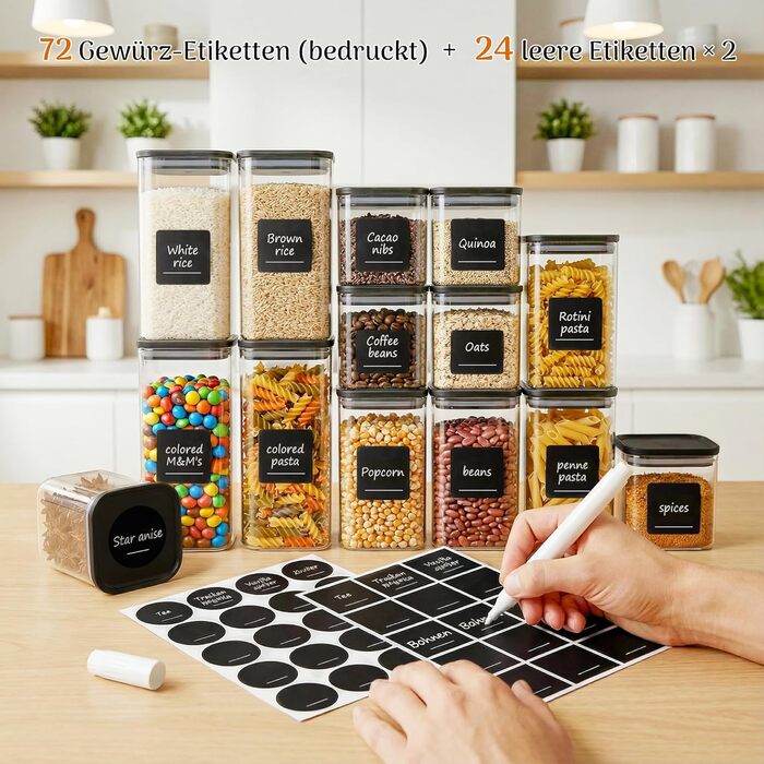 Герметичні банки для зберігання з кришками, набір з 12 шт. , скляні контейнери для зберігання з кришками, скляні контейнери для кухні, банки для зберігання пластівців, печива та продуктів, загальний об&39єм 9,2 літра