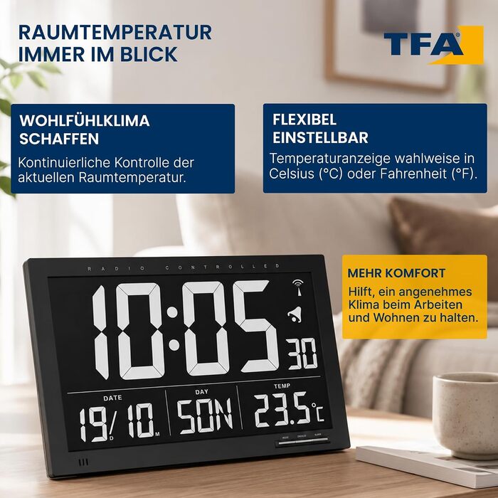 Цифровий настінний годинник TFA Dostmann XL (60.4505) з радіосинхронізацією, термометром та відображенням дати й дня тижня, чорний, 368 x 29 x 230 мм