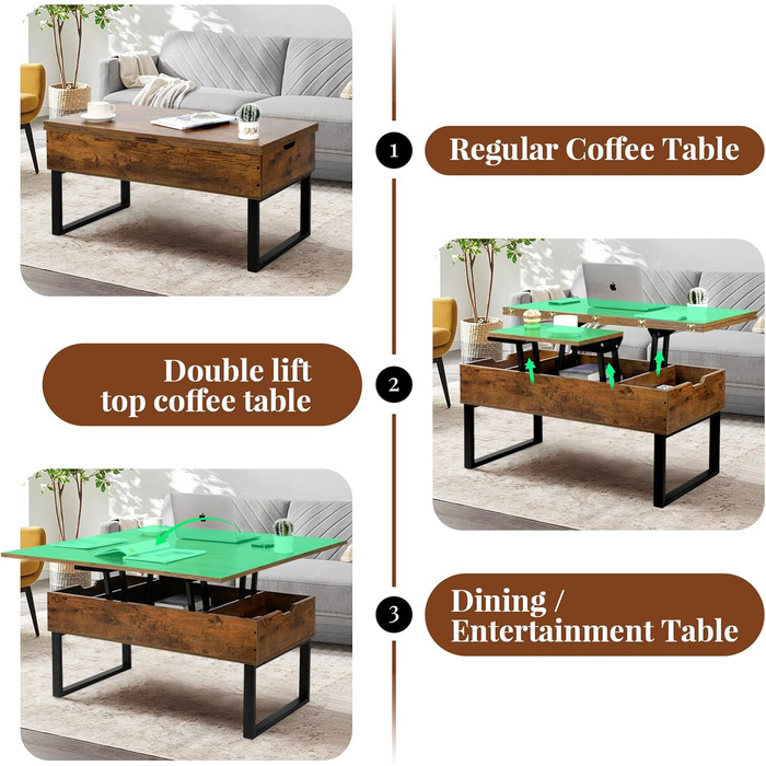 Журнальний столик VOWNER з регульованою висотою, багатофункціональний стіл для вітальні 3-в-1 з прихованим місцем для зберігання, який трансформується у обідній стіл для вітальні, колір вінтажного коричневого