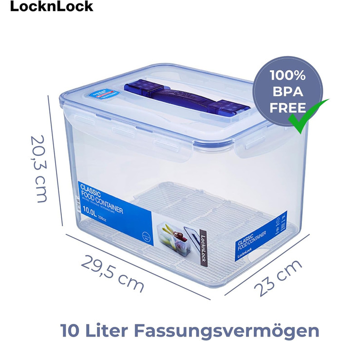 Герметичний контейнер Lock&Lock Classic з ручками та зливним отвором, 10 л 29,5 x 23 x 20,3 см 100 герметичний та водонепроникний контейнер для зберігання продуктів з кришкою Морозостійкий контейнер 10 л зливна решітка