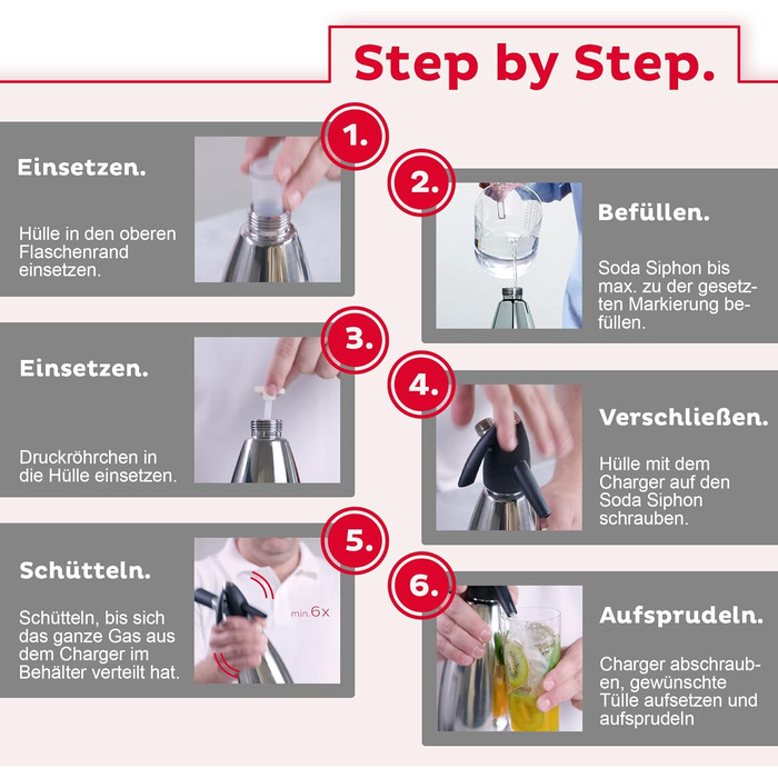 Сифон для газованої води 1 л з капсулами CO2 6x10 в стартовому наборі - Картриджі для газованої води з нержавіючої сталі для газованої води, лонг-дрінків і коктейлів - Аксесуари для бару Soda Maker - Зроблено в Австрії