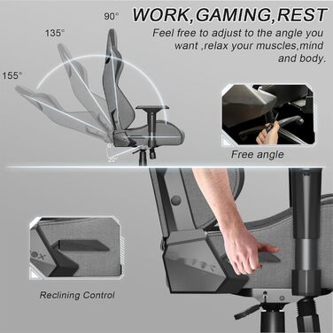 Ергономічне ігрове крісло з підтримкою для голови та попереку Велике офісне крісло світло-сірого кольору Кут нахилу 155 з фіксатором Чохол з повітропроникної тканини світло-сірого та чорного кольорів