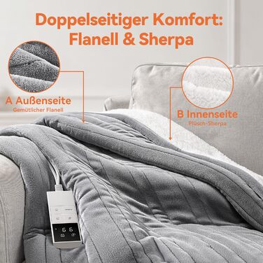 Електрична ковдра з підігрівом, автоматичним вимкненням та 9 зонами нагріву, 160x120 см, таймер 1-9 годин з функцією пам&39яті, швидкий та рівномірний розподіл тепла, двостороння фланель та овчина, 160 x 120 см для 1 особи / дивана