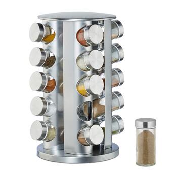 Карусель для спецій Relaxdays з 20 баночками для спецій, обертається на 360, контейнери для спецій для посипання, висота 34,5 см, нержавіюча сталь, срібло